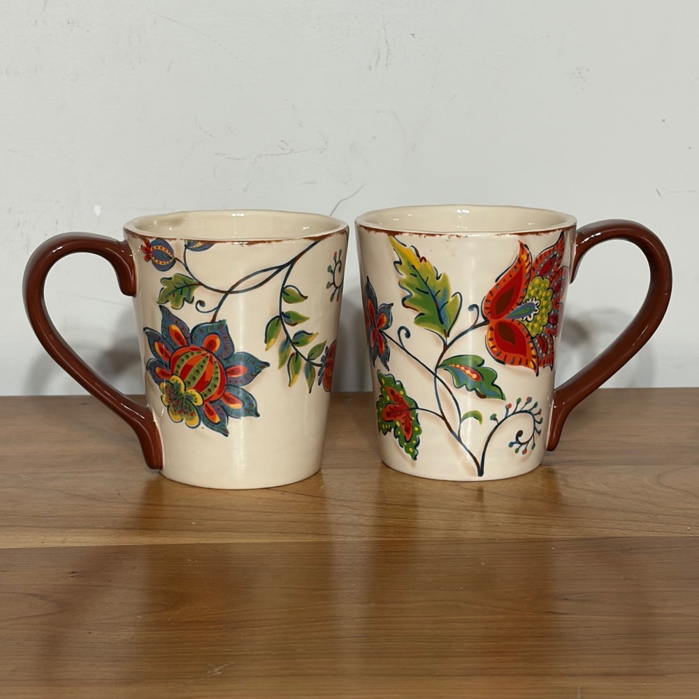 Pier 1 Imports Elizabeth Floral Ironstone Mugs Set of 2 Boho Coffee Cups
